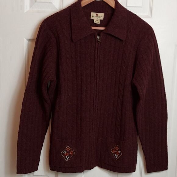 Woolrich Burgundy Embroidered Full Zip Sweater M - Picture 2 of 9